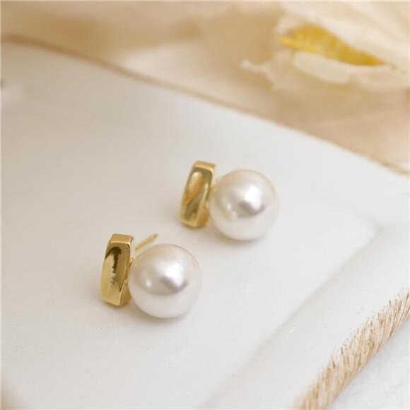 Small Square Gold Pearl Stud Earrings – 14K Gold Plated Hypoallergenic Jewelry - Picture 6 of 7